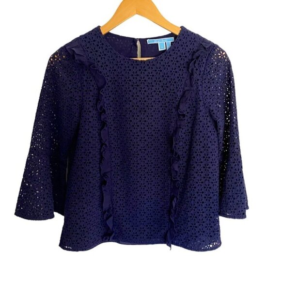 Draper James Navy Ruffled Floral Eyelet Blouse 4 - Picture 2 of 8